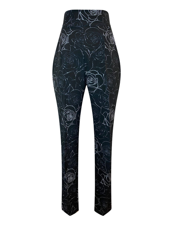 Front of black floral print high waist relaxed fit cropped pants
