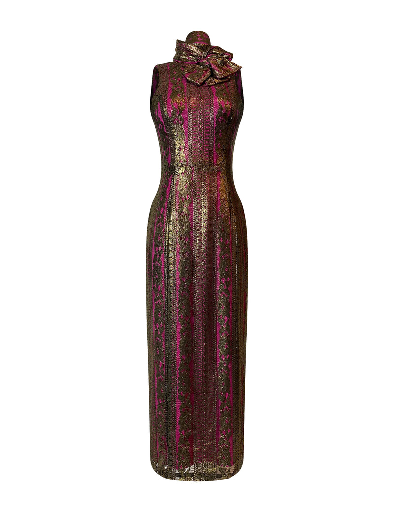 Front of gold lace sheath dress with bow and neck and v-back