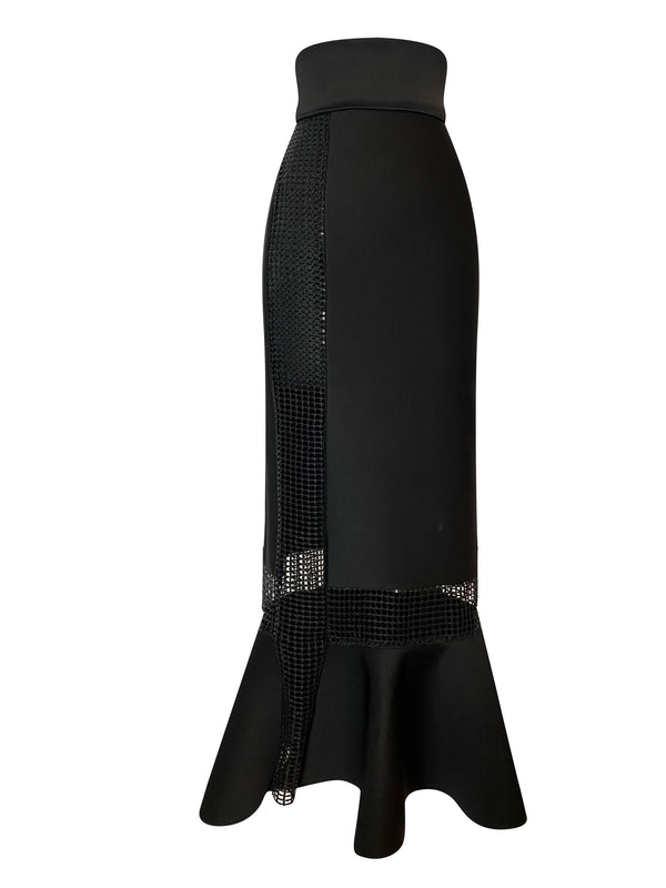 Front of black midi length skirt with sheer panels and fishtail
