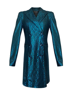 Front of teal lace double breasted jacket with jewel button closure