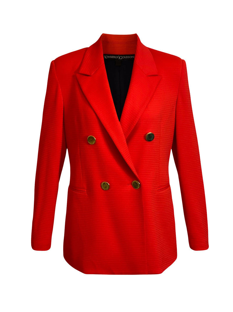 Front of red Ebi double breasted jacket with gold buttons